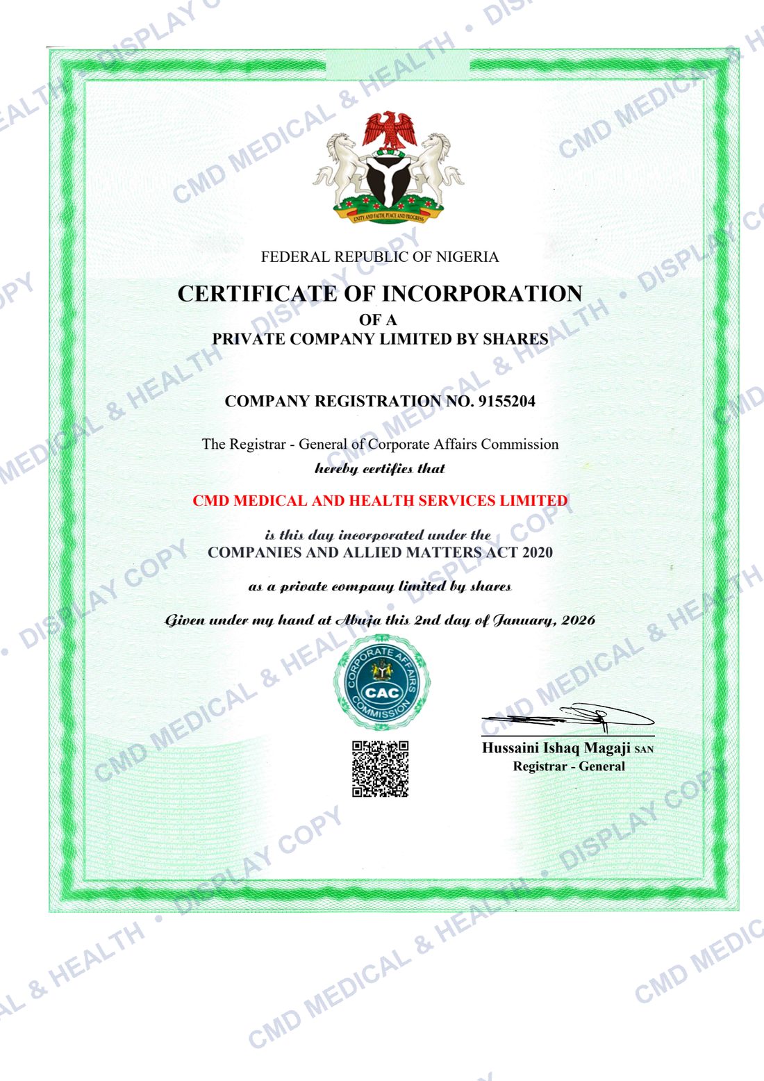 CAC Certificate of Incorporation — CMD Medical and Health Services Limited, RC 9155204